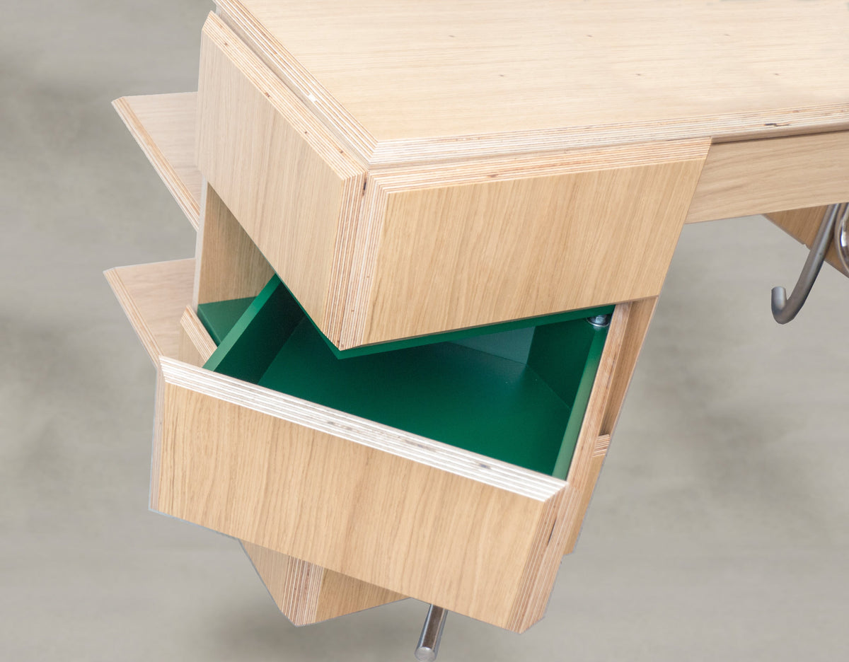 PH Office Desk by Poul Henningsen, Danish design classic (1930s)
A sleek oak office desk with six swing drawers, and chromed legs, designed by Poul Henningsen.