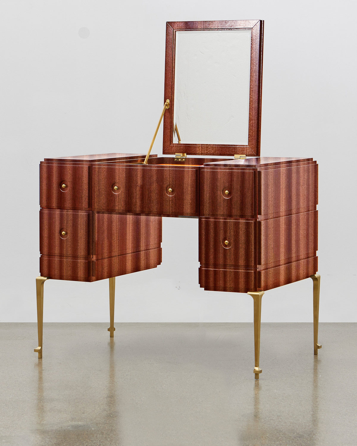 PH Grand Dressing Table by Poul Henningsen, Danish design classic (1919)
Black PH Grand Dressing Table with five drawers and gold-colored accents on the frame and handles, featuring a fold-down mirror.