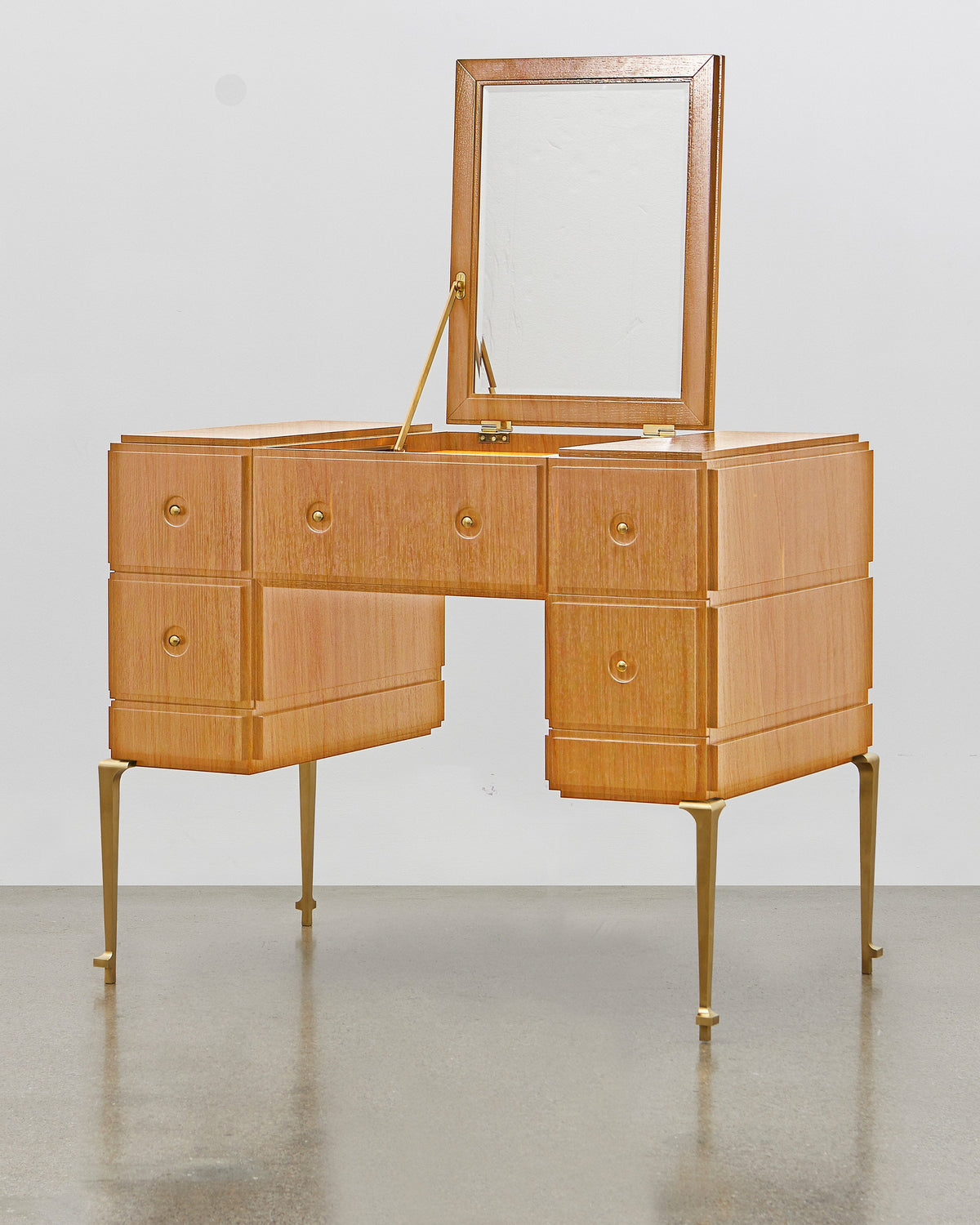 PH Grand Dressing Table by Poul Henningsen, Danish design classic (1919)
Black PH Grand Dressing Table with five drawers and gold-colored accents on the frame and handles, featuring a fold-down mirror.